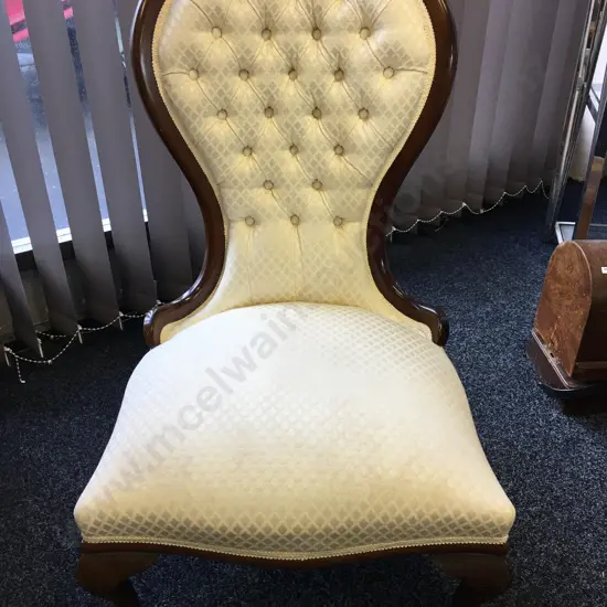 Vintage Grandmothers Chair Mahogany Button Back & Cream Upholstery