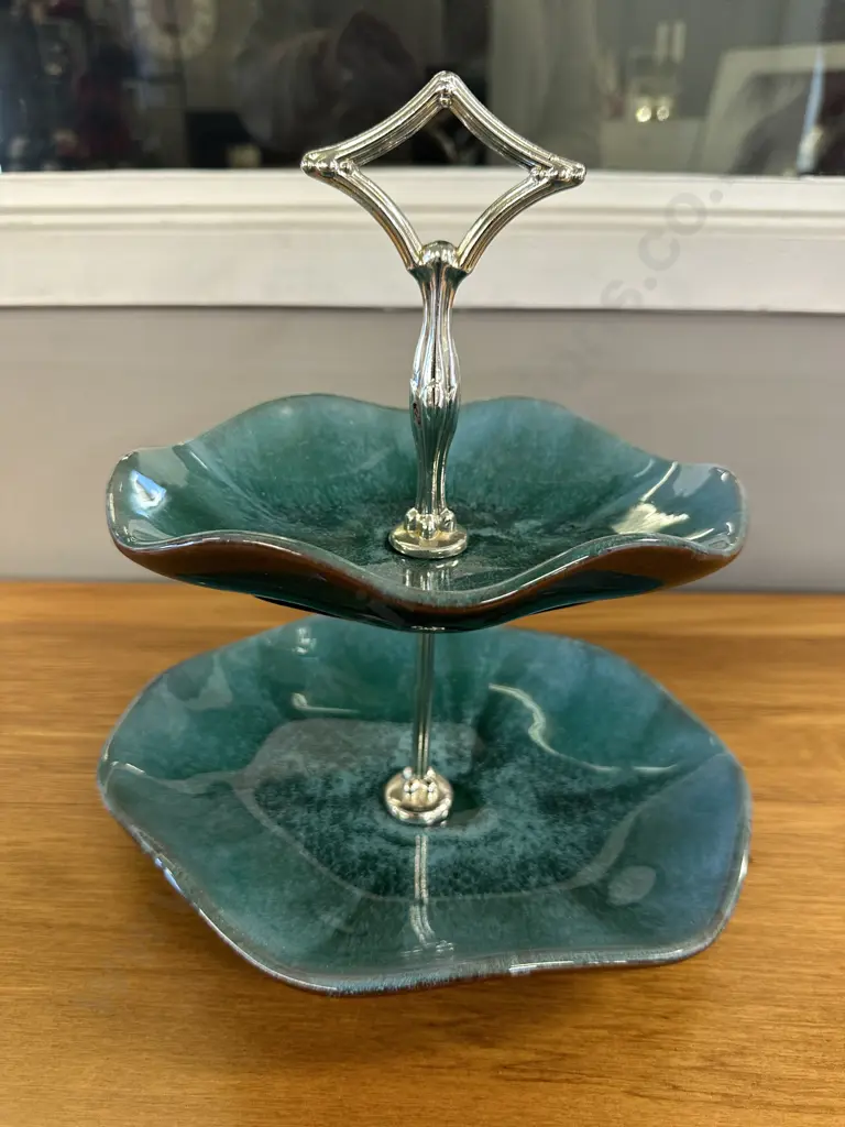 Vintage Blue Mountain Pottery 2 Tiered Tidbit Tray In Green Image 1++
