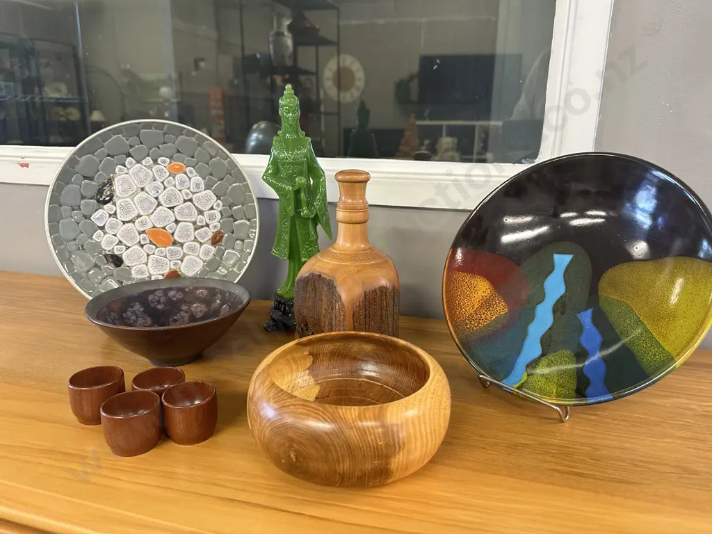 Vintage Faux Geisha Figurine, Woodenware, Mosaic Plate, Pottery Etc Image 1++