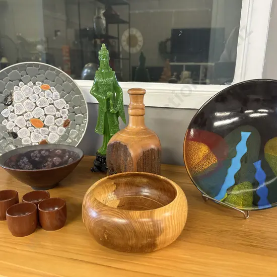 Vintage Faux Geisha Figurine, Woodenware, Mosaic Plate, Pottery Etc