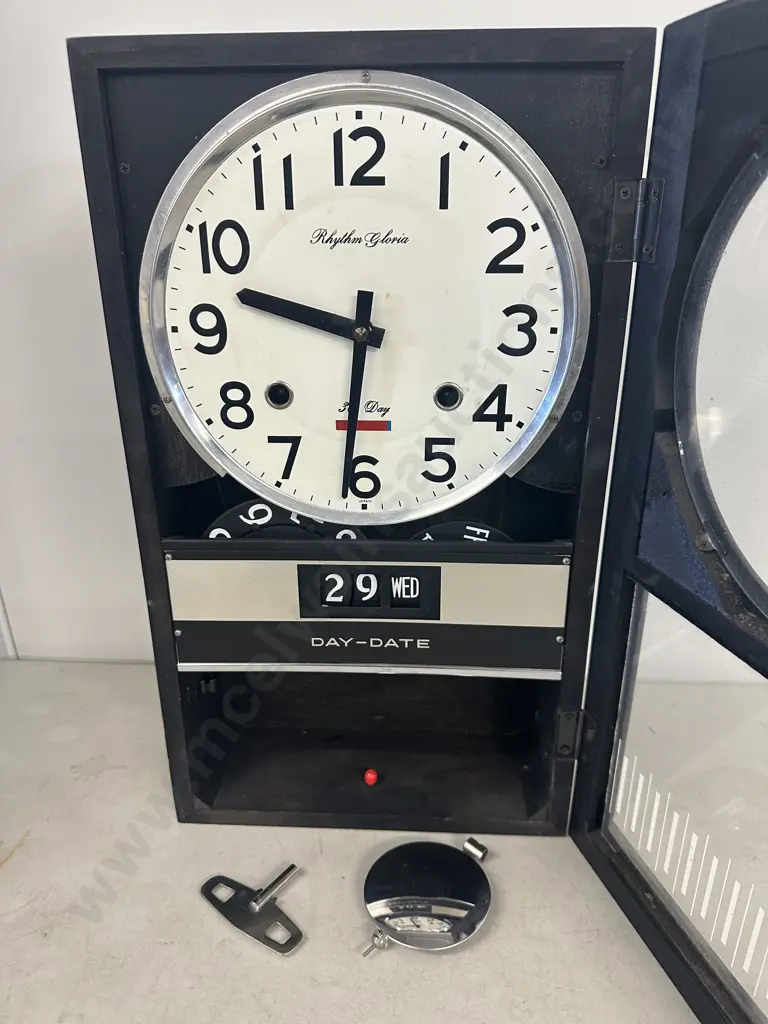 1960s Rhythm Gloria 30 Day Wall Clock, Day & Date Apperture, Simulated Mahogany Case, 42cm High Image 1++