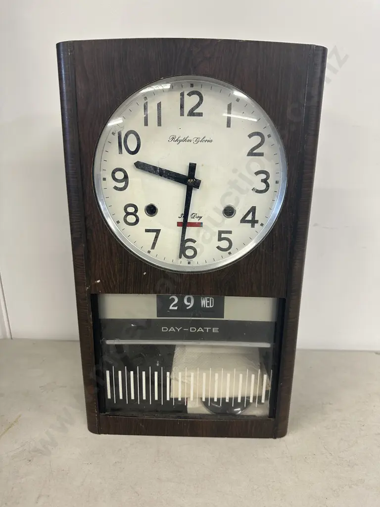 1960s Rhythm Gloria 30 Day Wall Clock, Day & Date Apperture, Simulated Mahogany Case, 42cm High Image 1++
