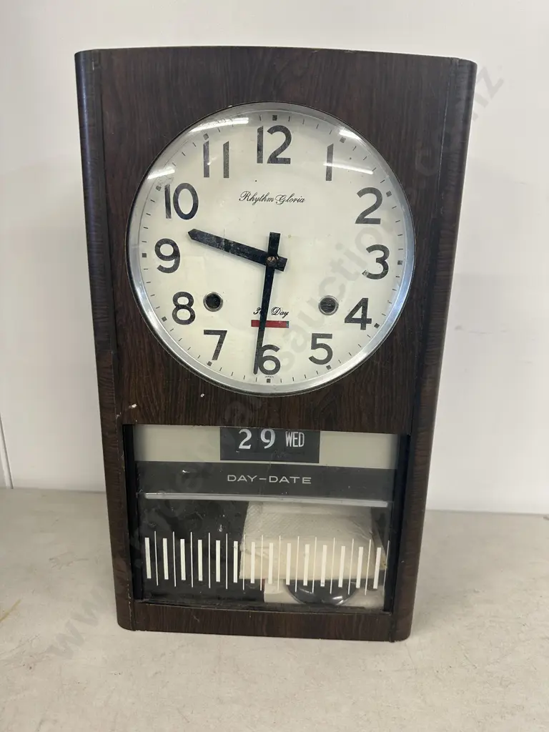 1960s Rhythm Gloria 30 Day Wall Clock, Day & Date Apperture, Simulated Mahogany Case, 42cm High Image 1++