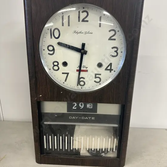 1960s Rhythm Gloria 30 Day Wall Clock, Day & Date Apperture, Simulated Mahogany Case, 42cm High