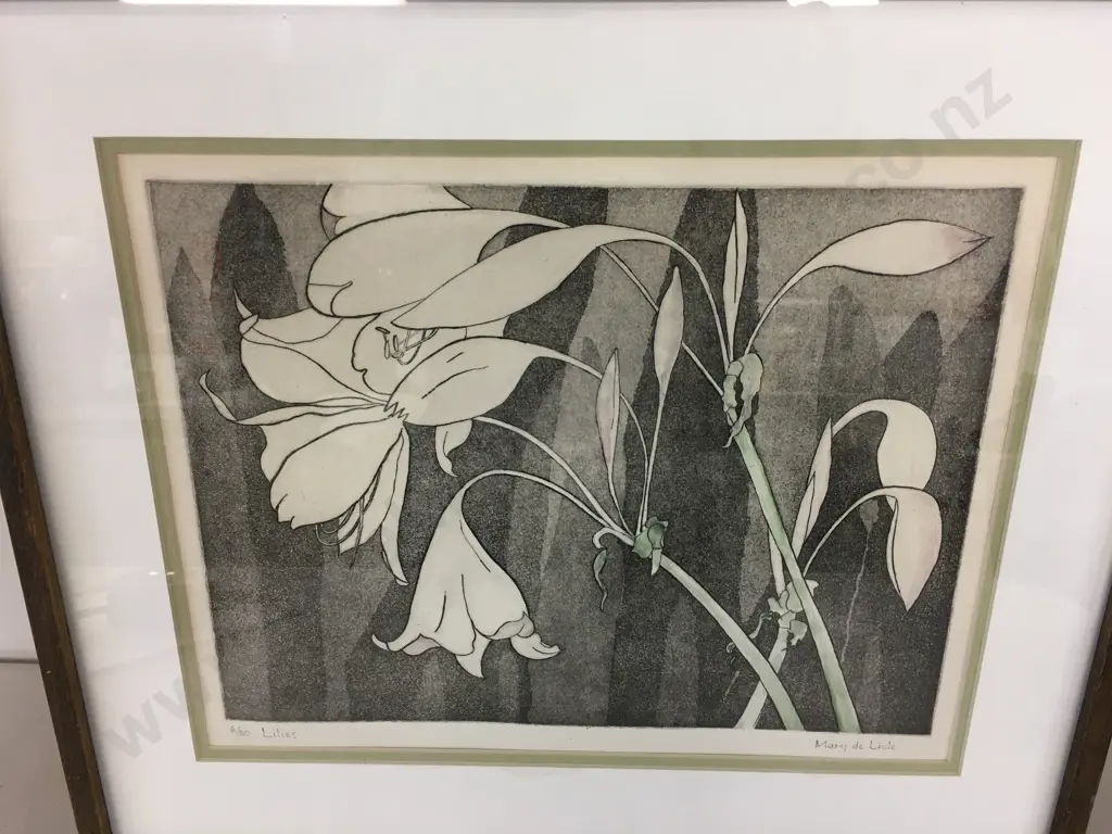 Framed Artwork 'Lillies' 6/30 By Mary deLisle H42,W48cm. Image 1++