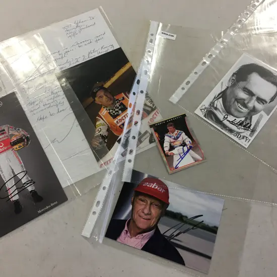Autographs - Jack Brabham, Nikki Lauder, Lewis Hamilton Etc
