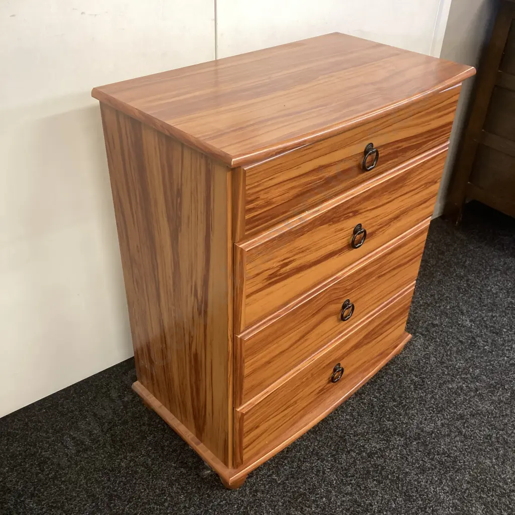 Rimu Wood Effect 4 Drawer Chest, Ring Handles. H82 W69 D40cm Image 1++