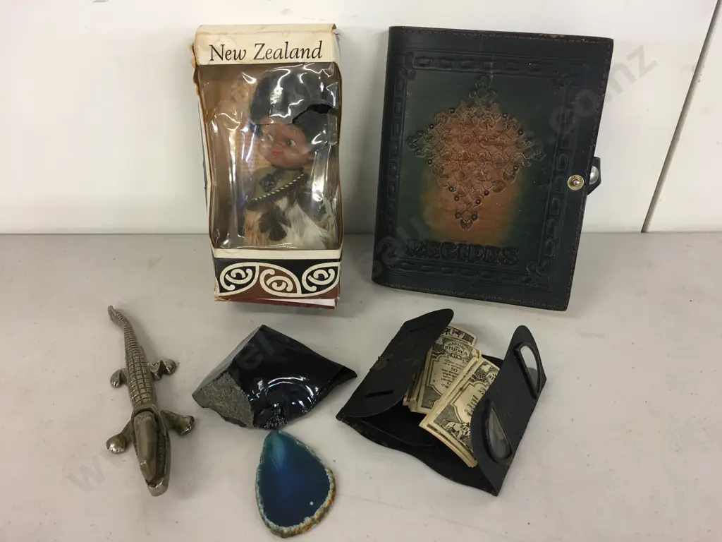 Selection Of Vintage Items Including Parrs N.Z Souvenirs Maori Doll, Leather Recipe Holder Etc Image 1++