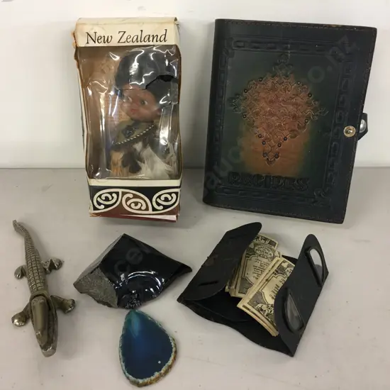 Selection Of Vintage Items Including Parrs N.Z Souvenirs Maori Doll, Leather Recipe Holder Etc