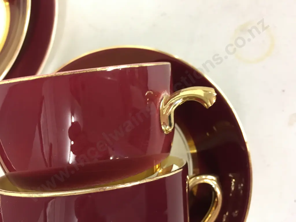 Vintage Crown Lynn Burgundy/Gold Trios x4, Coffee Pot, Creamers Etc Image 1++