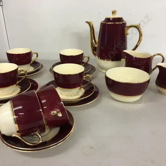 Vintage Crown Lynn Burgundy/Gold Trios x4, Coffee Pot, Creamers Etc