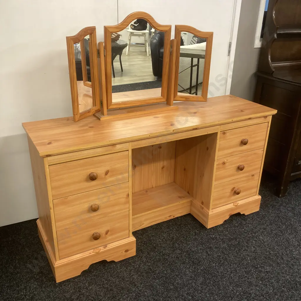 Pine Wood Effect Twin 6 Drawer Dresser With 3 Mirrored Cheval Mirror, On Castors. H73 W137 D41cm Image 1++