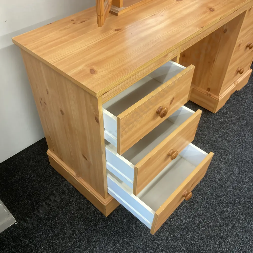 Pine Wood Effect Twin 6 Drawer Dresser With 3 Mirrored Cheval Mirror, On Castors. H73 W137 D41cm Image 1++