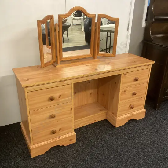 Pine Wood Effect Twin 6 Drawer Dresser With 3 Mirrored Cheval Mirror, On Castors. H73 W137 D41cm