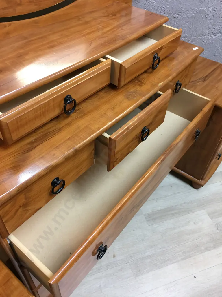 Cherry Wood Effect 8 Drawer Dressing Table With Ring Handles, Pair of 3 Drawer Bedside Cabinets (As Found Condition) Image 1++