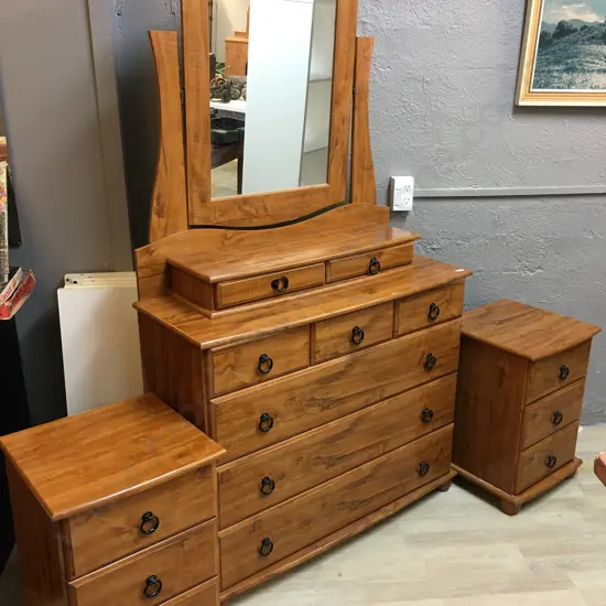 Cherry Wood Effect 8 Drawer Dressing Table With Ring Handles, Pair of 3 Drawer Bedside Cabinets (As Found Condition)