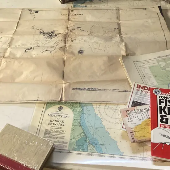 Copy of a Survey Map of Raglan Harbour 1864, Fishing Charts, Geoff Wilson's Fishing Knots & Rigs Book Etc
