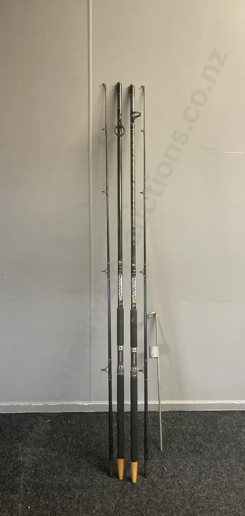 Pair of Kilwell Beach Master 2 Pce Surf Casters - 3.66m, 75-100Kg & A Galvanised Steel Rod Holder Image 1++