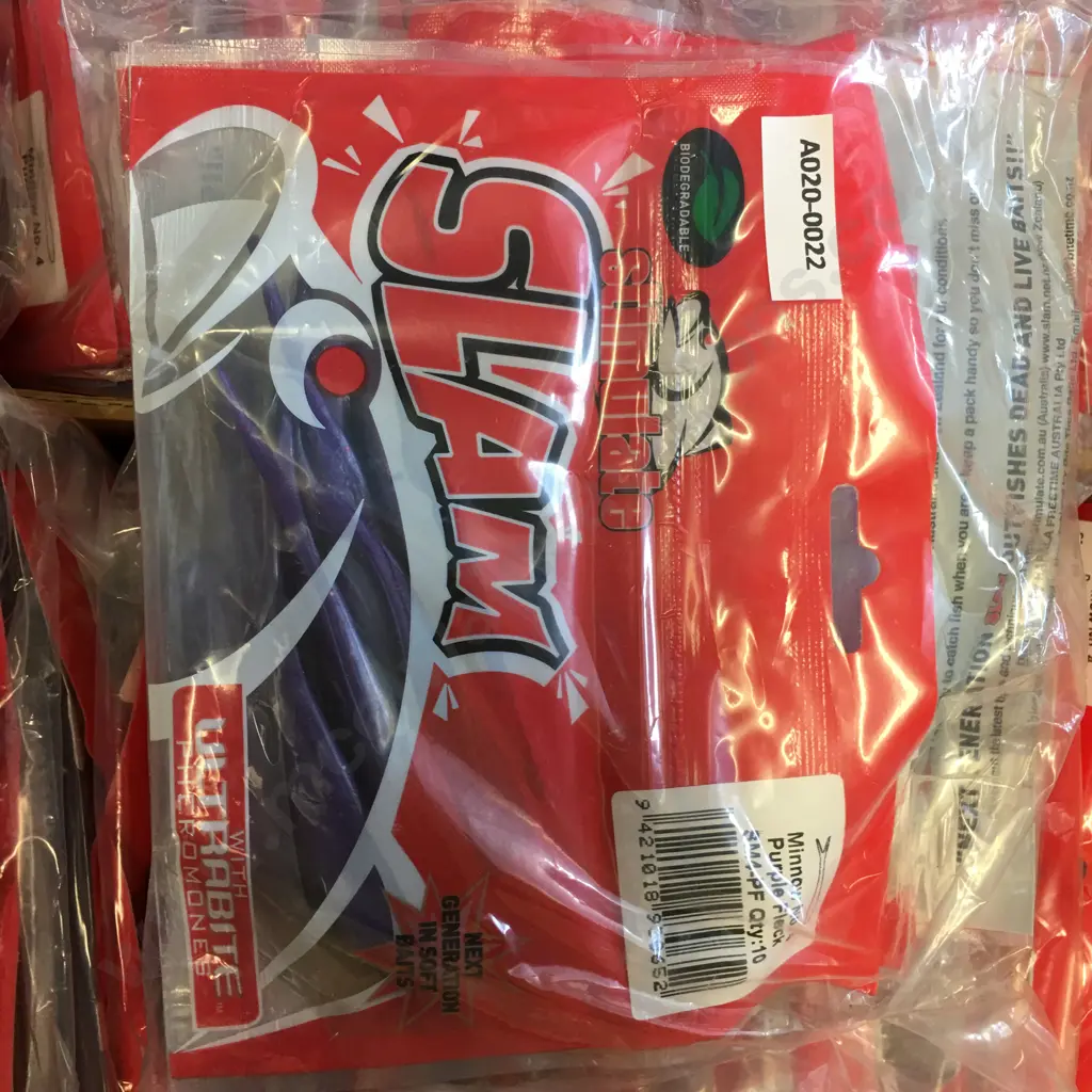 Box of 20 x Packets (5x Packets of 10x Baits per Pack) Slam Minnow No. 4 Purple Fleck Pheromones Bait, New Image 1++