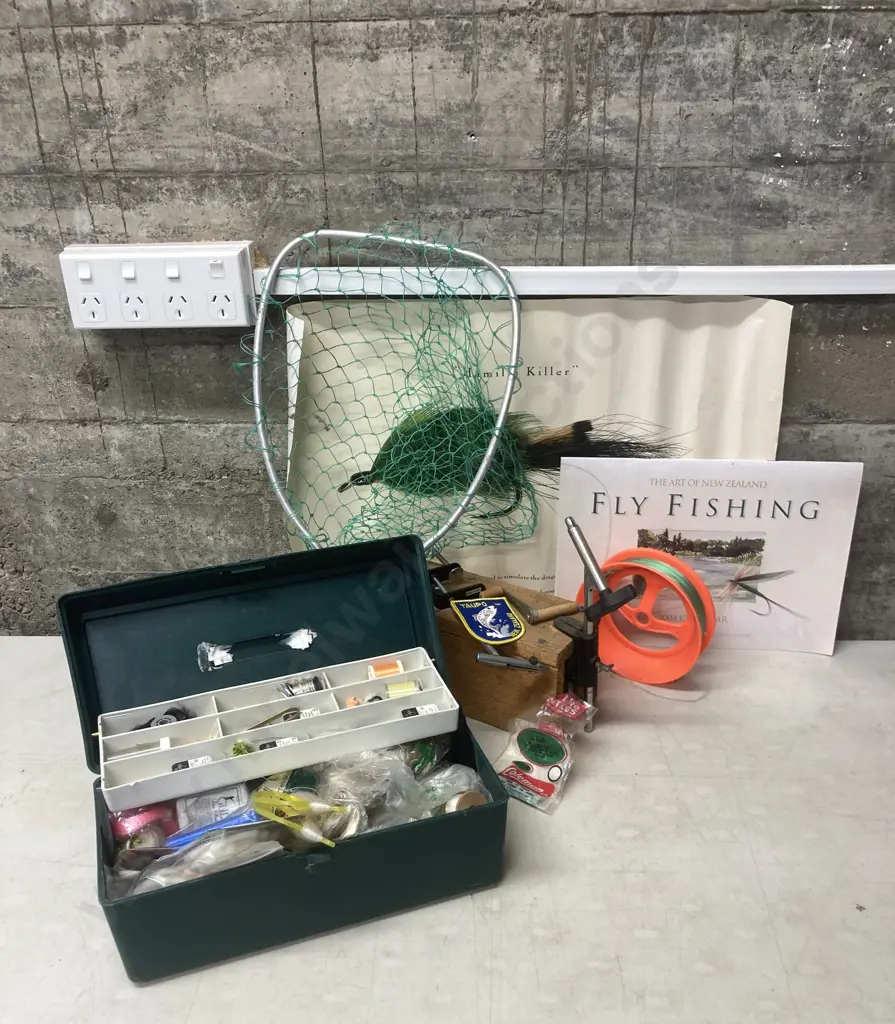 Fly Fishing Tackle Box & Tackle, Fly Tying Items, Poster, Net Etc Image 1++