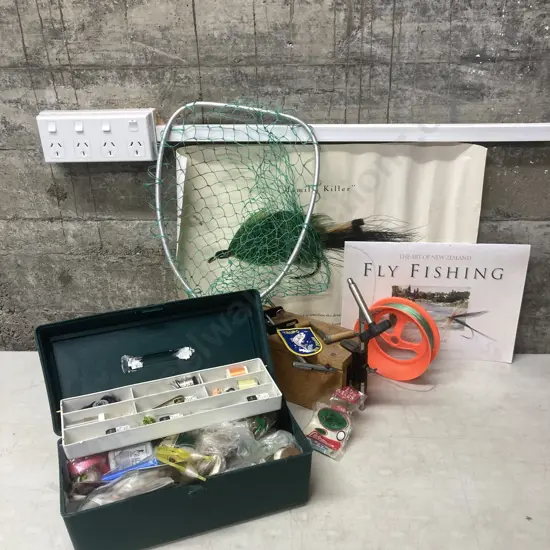 Fly Fishing Tackle Box & Tackle, Fly Tying Items, Poster, Net Etc