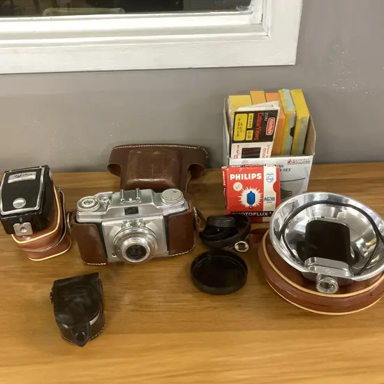 Agfa Prontor-SVS Silette 35mm Film Camera, Agfa Flashes, Sekonic Light Meter Etc