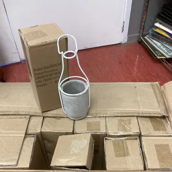 Box Lot of 18 x New Concrete Pots With Wire Frames