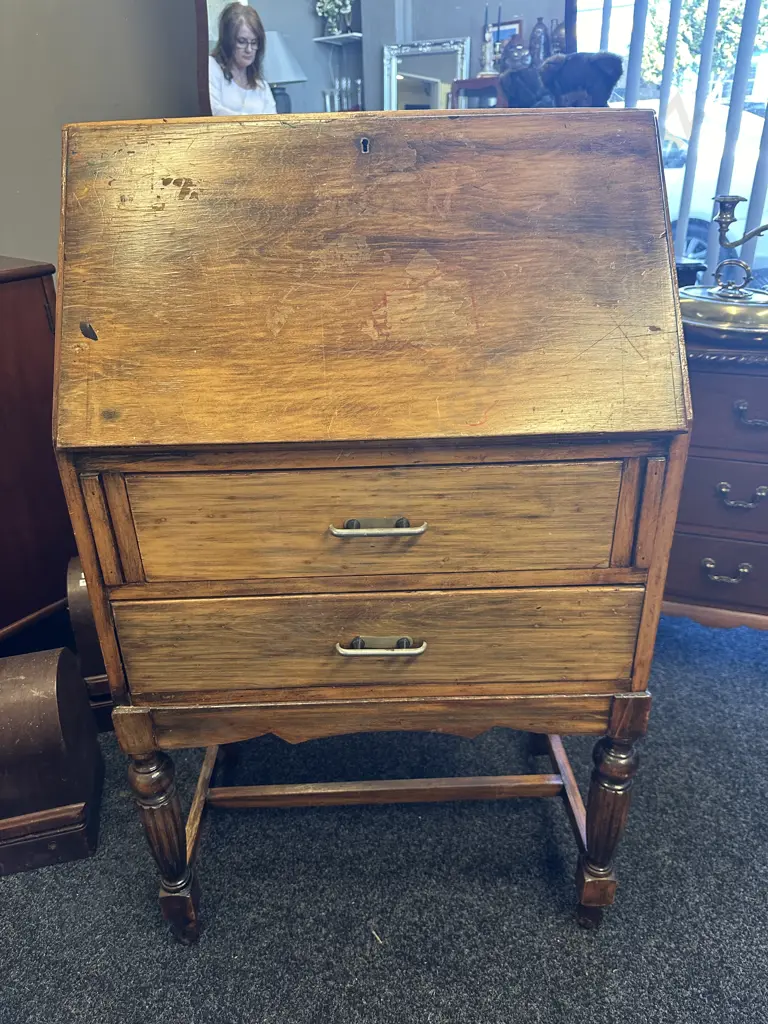 Vintage Writing Bureau Two Drawer H105,W62,D39cm. Image 1++