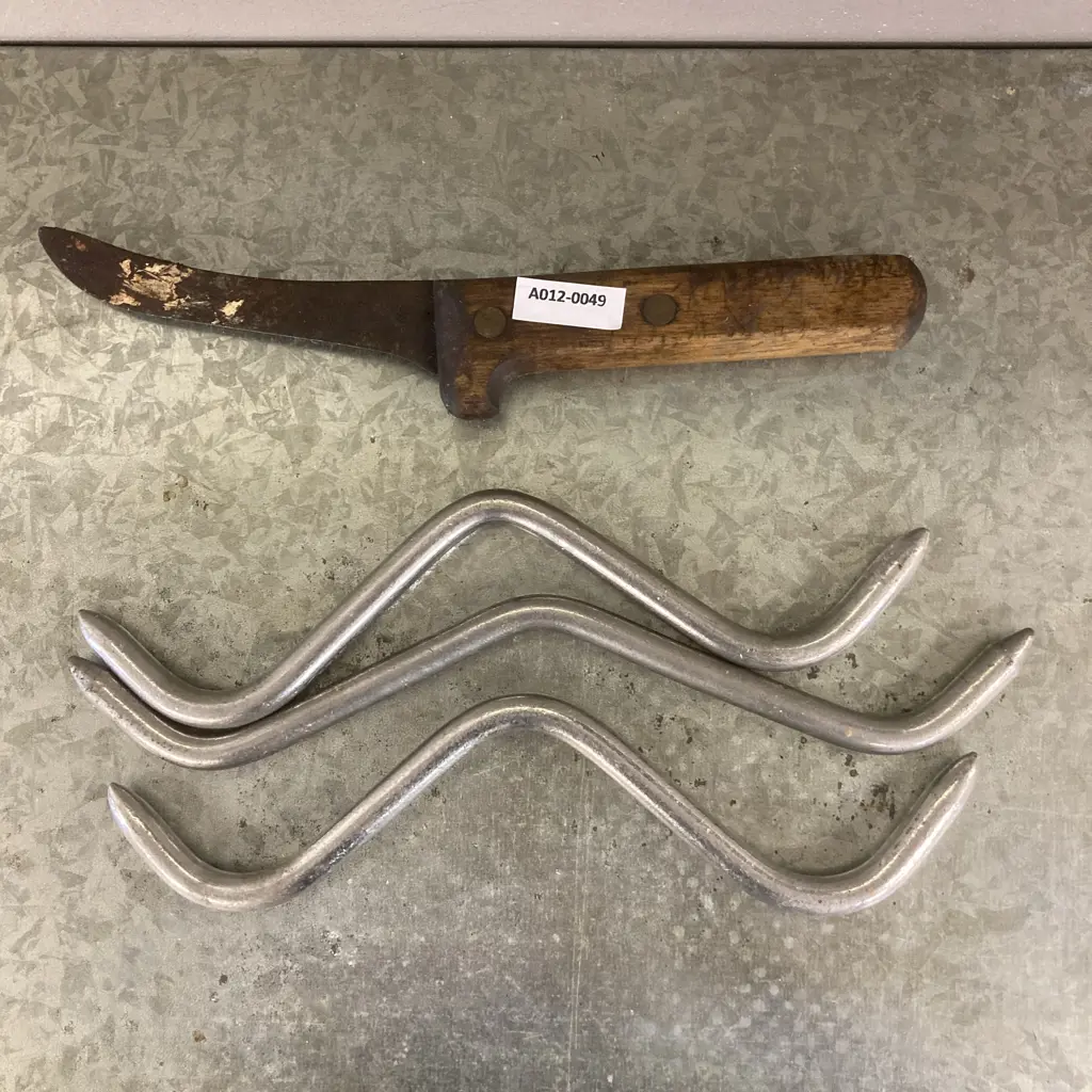 Three Stainless Steel Gambrel Hooks & Vintage Skinning Knife Image 1++