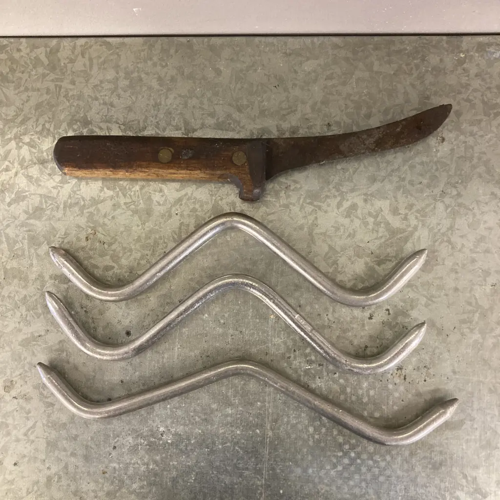 Three Stainless Steel Gambrel Hooks & Vintage Skinning Knife Image 1++