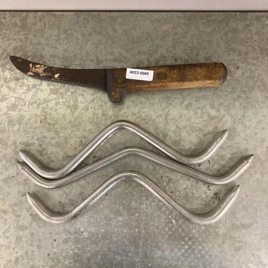 Three Stainless Steel Gambrel Hooks & Vintage Skinning Knife