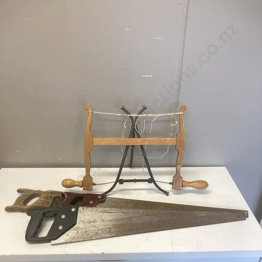 Vintage Wooden Bow Saw With 3 Assorted Handsaws Image 1++