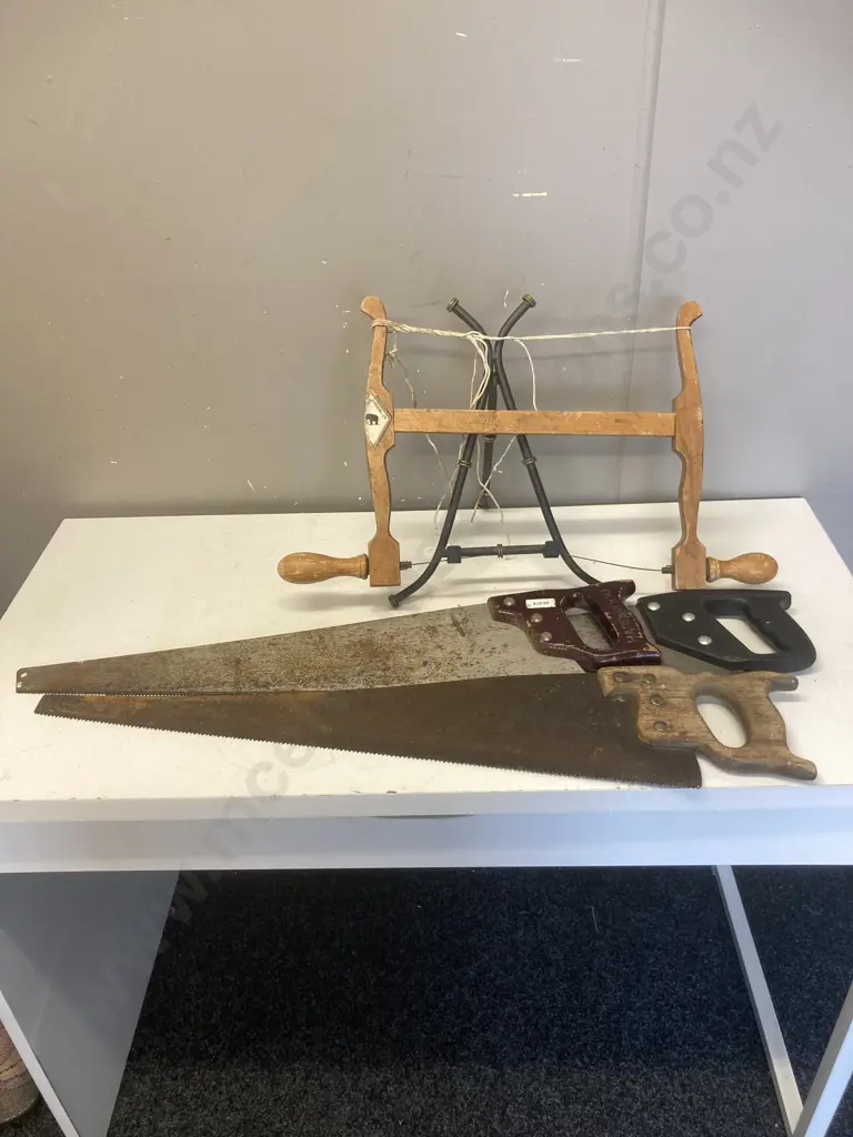 Vintage Wooden Bow Saw With 3 Assorted Handsaws Image 1++