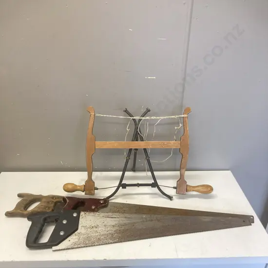Vintage Wooden Bow Saw With 3 Assorted Handsaws