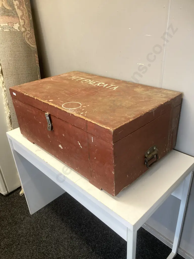 Vintage Wooden Carpenters Trunk, (H30 W76 D46cm) Lockable With Hinged Lid - Balance Scales, Vintage & Antique Tools Etc Image 1++