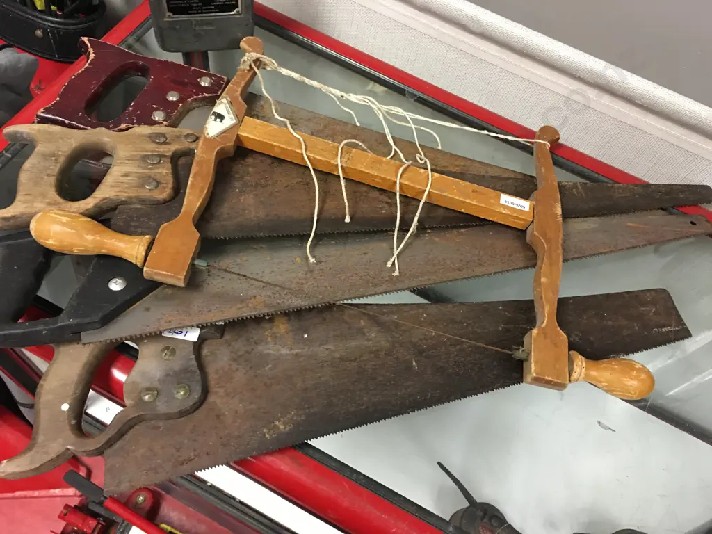 Rare Vintage 25” Slack Cellars & Co Sheffield England Saw & Vintage Wooden Bow Saw With 3 Assorted Handsaws Image 1++