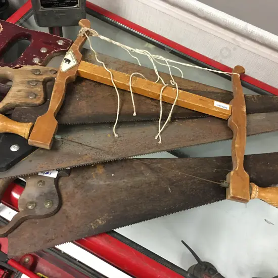 Rare Vintage 25” Slack Cellars & Co Sheffield England Saw & Vintage Wooden Bow Saw With 3 Assorted Handsaws