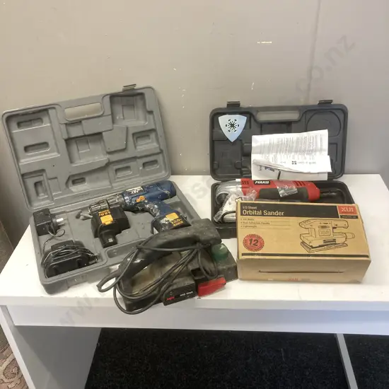 Mako Multi Function Tool In Case, Ryobi 12V Cordless Drill In Case, Skil Planer & XU1 Electric Sander