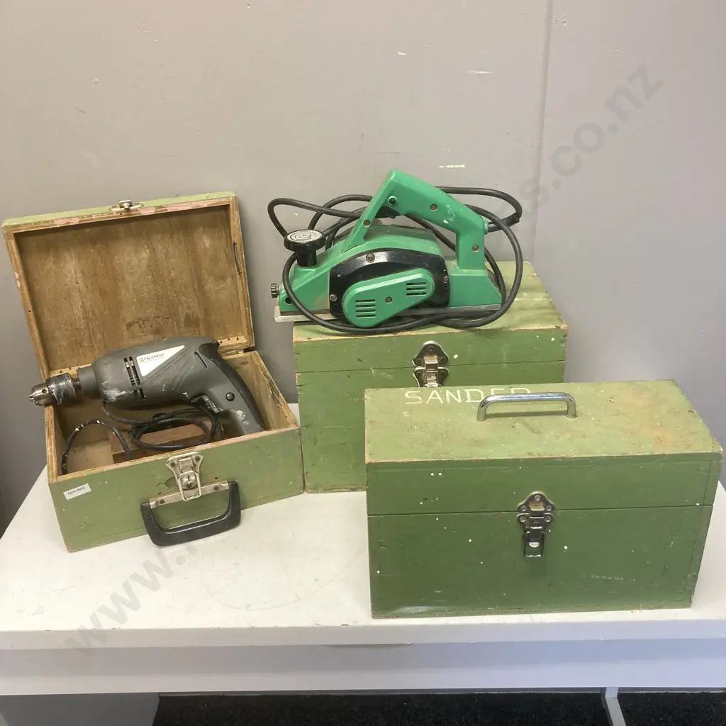 Power Tools In Wood Cases & Empty Wood Case - Hitachi 82mm Planer, Falcrest Impact Drill Image 1++