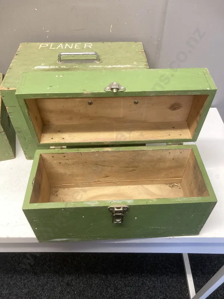 Power Tools In Wood Cases & Empty Wood Case - Hitachi 82mm Planer, Falcrest Impact Drill Image 1++