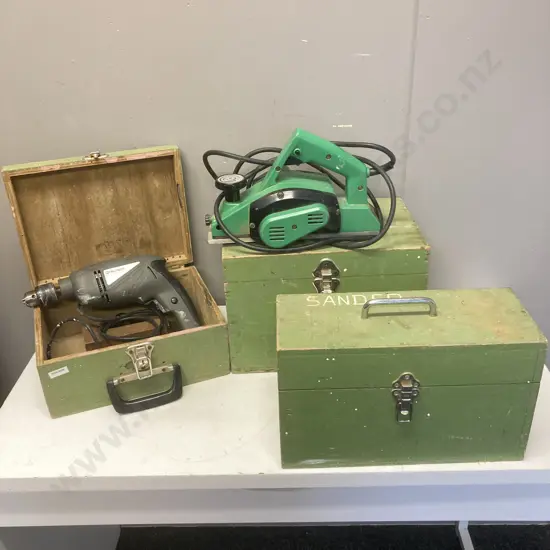 Power Tools In Wood Cases & Empty Wood Case - Hitachi 82mm Planer, Falcrest Impact Drill
