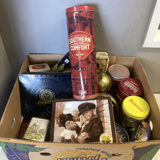 Southern Comfort Collectors Tin Money Box. 32cm And Box Of Assorted Tins