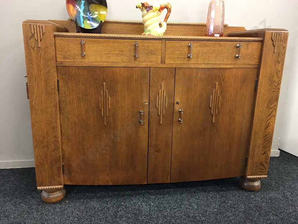 Mid Century Art Deco Sideboard, Lined Cutlery Drawer, Original Handles,4 Door (2 On Side) With Keys. H105 W137 D48cm Image 1++