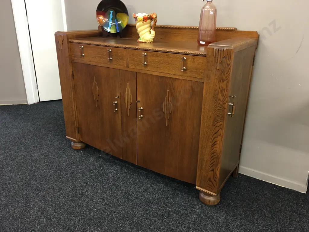 Mid Century Art Deco Sideboard, Lined Cutlery Drawer, Original Handles,4 Door (2 On Side) With Keys. H105 W137 D48cm Image 1++