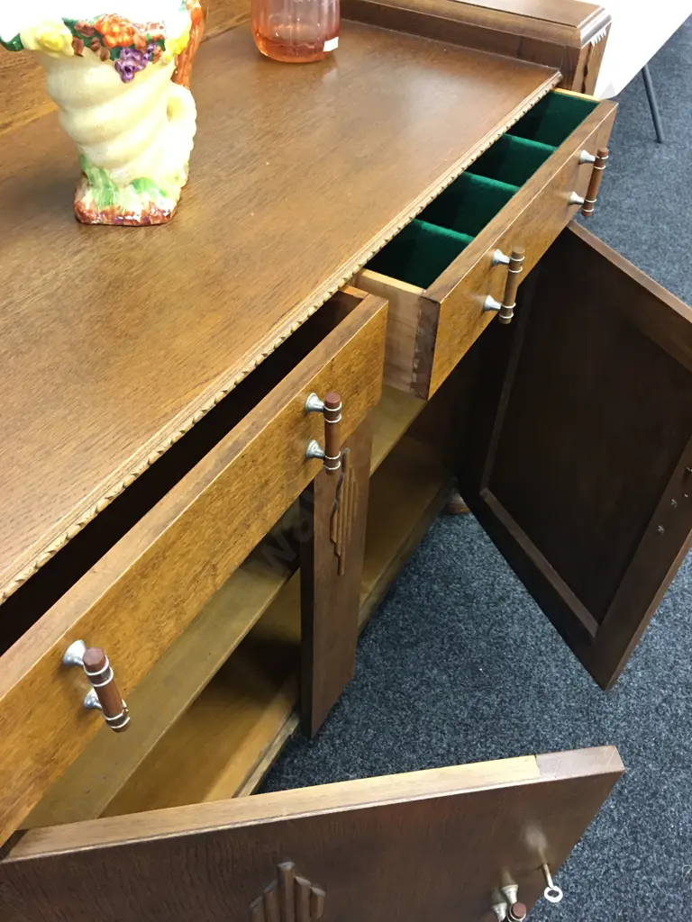 Mid Century Art Deco Sideboard, Lined Cutlery Drawer, Original Handles,4 Door (2 On Side) With Keys. H105 W137 D48cm Image 1++
