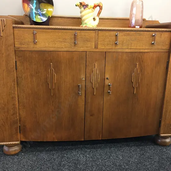 Mid Century Art Deco Sideboard, Lined Cutlery Drawer, Original Handles,4 Door (2 On Side) With Keys. H105 W137 D48cm