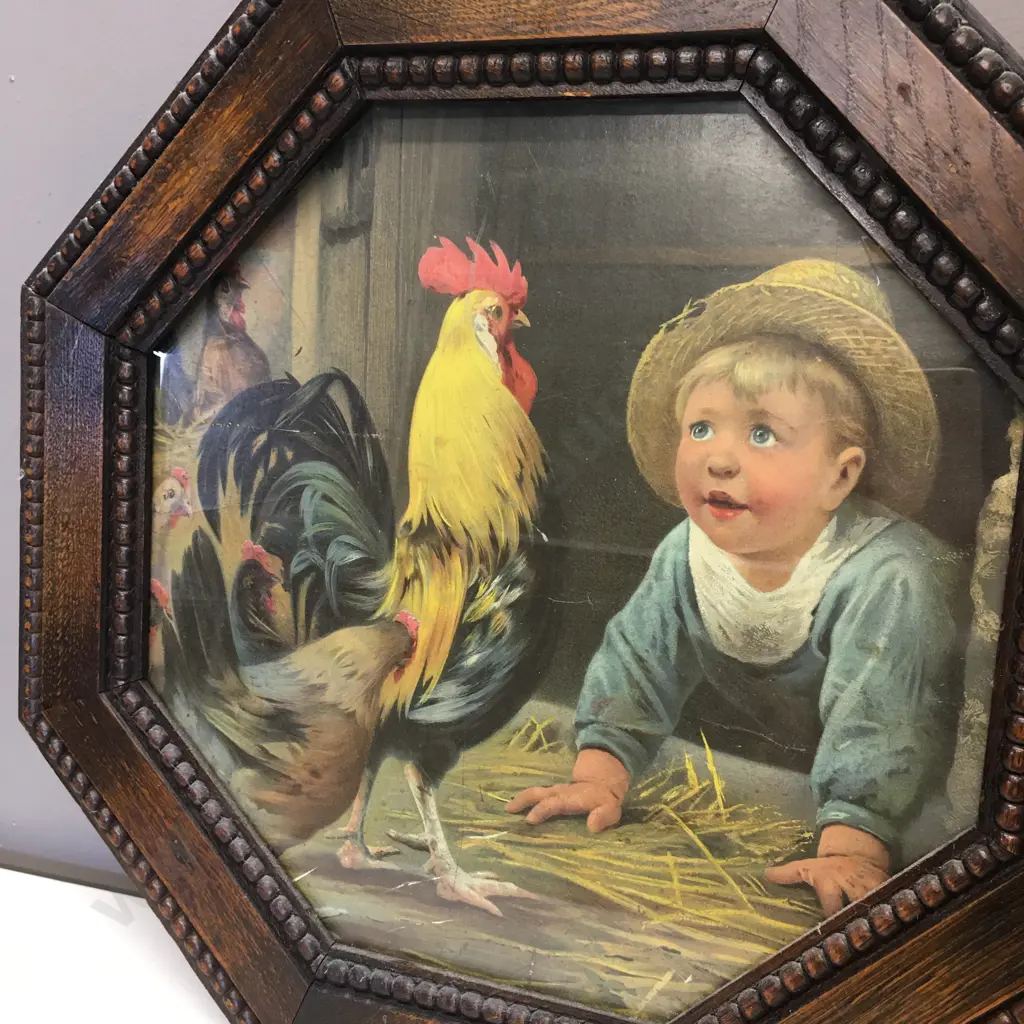 Boy & Rooster In Vintage Octagonal Wooden Frame. 48 x 49cm Image 1++