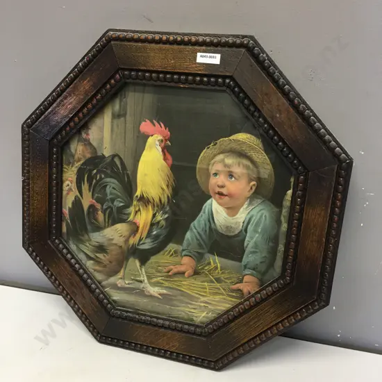 Boy & Rooster In Vintage Octagonal Wooden Frame. 48 x 49cm
