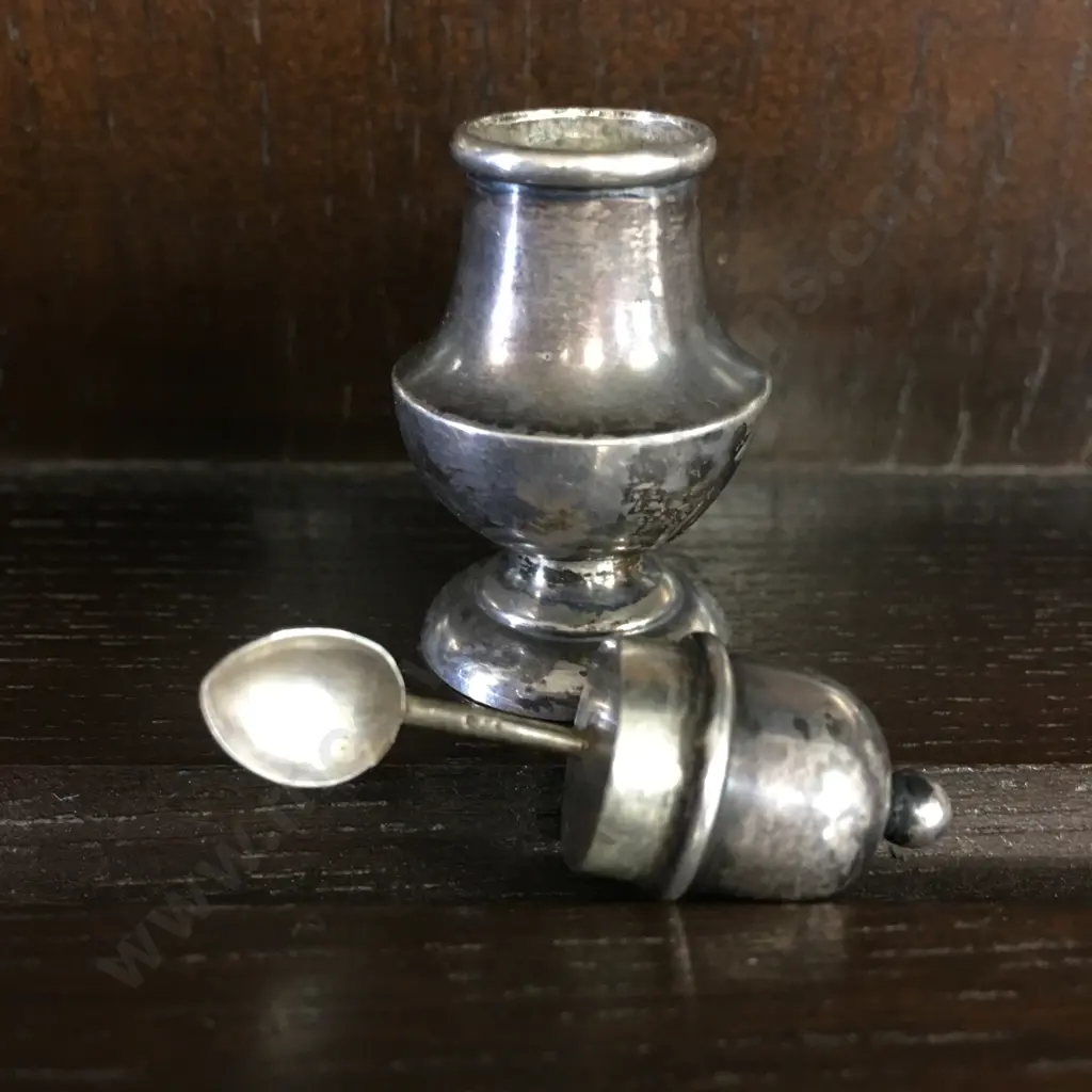 English Hallmarked Sterling Silver Snuff Canister With Small Spoon Attached To Lid, Birmingham c1891?, 48mm Image 1++