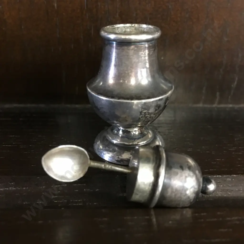 English Hallmarked Sterling Silver Snuff Canister With Small Spoon Attached To Lid, Birmingham c1891?, 48mm Image 1++